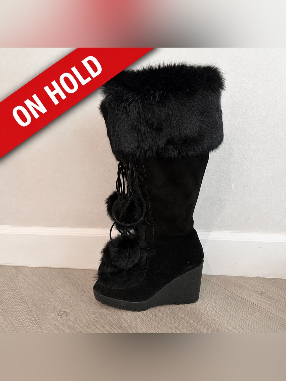 Coach Karita Black Suede Rabbit Fur Trim Wedge Boots